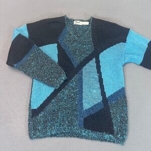 Vintage Duet Geometric Colorblock Metallic Knit Sweater Teal Blue Black L/XL